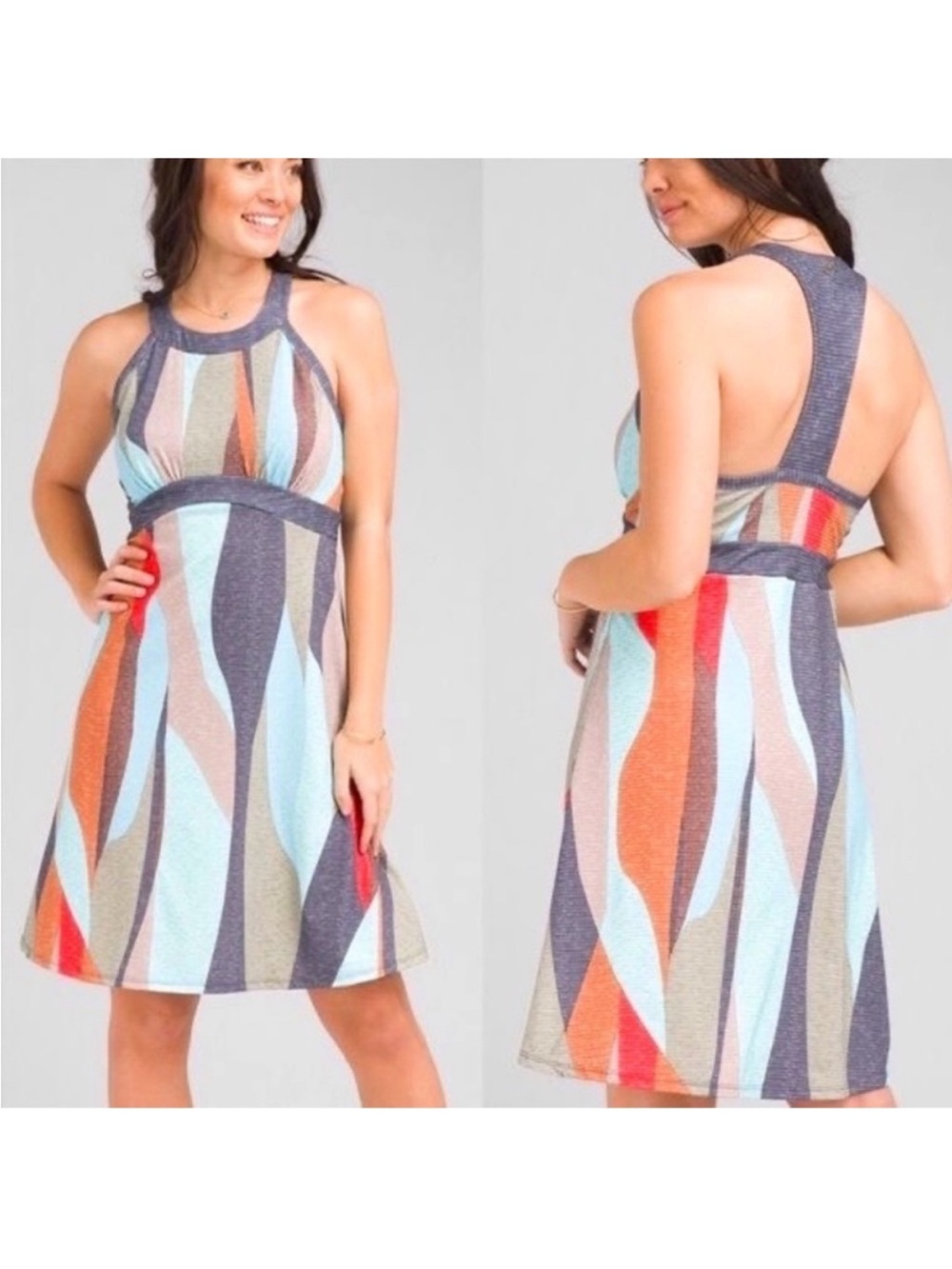 Prana Women’s Calexico Racerback Sleeveless Printed Dress Teal Gray Medium